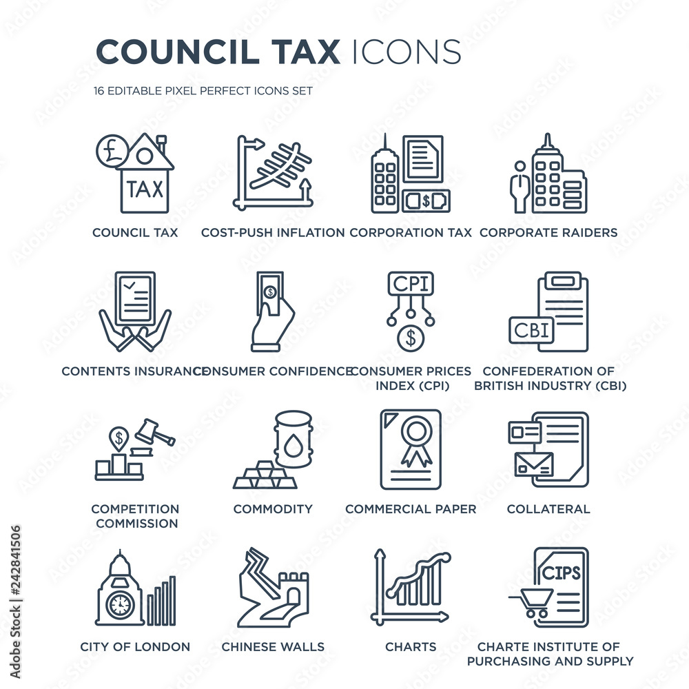 Fototapeta premium 16 linear Council tax icons such as tax, Cost-push inflation, Chinese walls, City of London, Collateral modern with thin stroke, vector illustration, eps10, trendy line icon set.