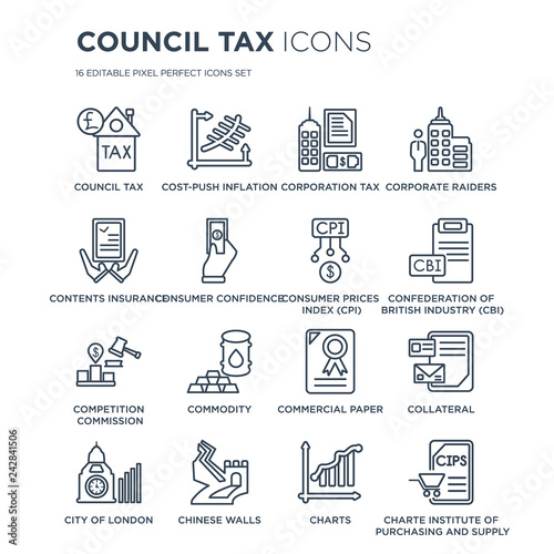 16 linear Council tax icons such as tax, Cost-push inflation, Chinese walls, City of London, Collateral modern with thin stroke, vector illustration, eps10, trendy line icon set.
