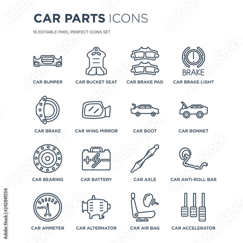 16 linear Car parts icons such as car bumper, bucket seat, alternator, ammeter, anti-roll bar modern with thin stroke, vector illustration, eps10, trendy line icon set.