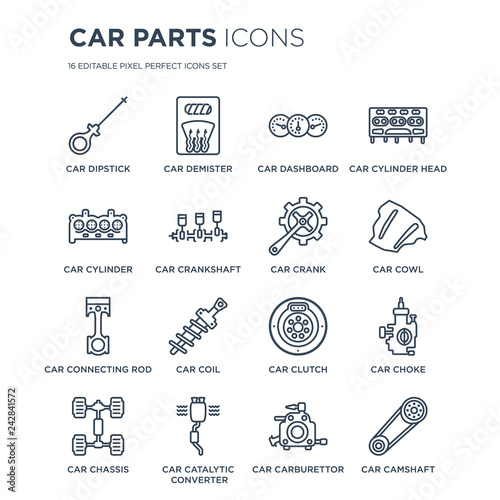 16 linear Car parts icons such as car dipstick, demister, catalytic converter, chassis, choke modern with thin stroke, vector illustration, eps10, trendy line icon set.