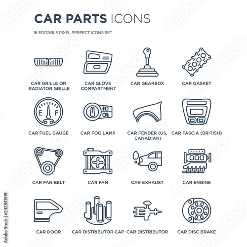 16 linear Car parts icons such as car grille or radiator grille, glove compartment, distributor cap, door modern with thin stroke, vector illustration, eps10, trendy line icon set.