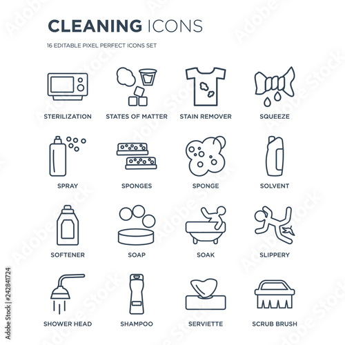 16 linear Cleaning icons such as sterilization, States of Matter, Shampoo, Shower head, Slippery, scrub brush, Spray modern with thin stroke, vector illustration, eps10, trendy line icon set.