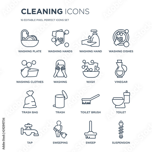 16 linear Cleaning icons such as Washing plate, WASHING HANDS, Sweeping, Tap, Toilet, Suspension, clothes modern with thin stroke, vector illustration, eps10, trendy line icon set.
