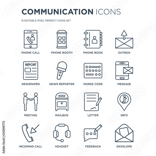 16 linear Communication icons such as Phone call, booth, Headset, Incoming Info, Envelope, Newspaper modern with thin stroke, vector illustration, eps10, trendy line icon set.