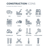 16 linear Construction icons such as Vise, Trowel, Screwdrivers, Screws, Sledge hammer, Screw, Tool box modern with thin stroke, vector illustration, eps10, trendy line icon set.