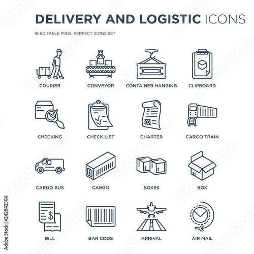 16 linear Delivery and logistic icons such as Courier, Conveyor, Bar code, Bill, Box, Air mail, Checking modern with thin stroke, vector illustration, eps10, trendy line icon set.