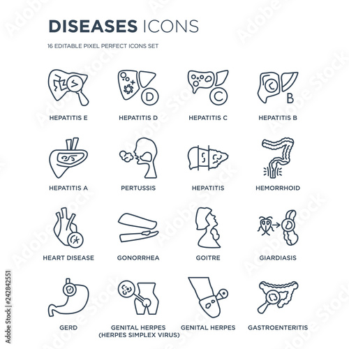 16 linear Diseases icons such as Hepatitis E, D, Genital Herpes (Herpes Simplex Virus), GERD, Giardiasis modern with thin stroke, vector illustration, eps10, trendy line icon set.