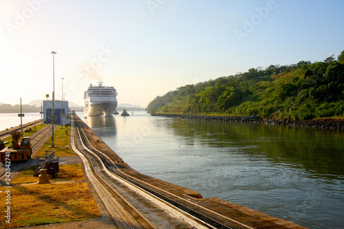 Cruise ship enters the Miraflores lock in the Panama Canal.