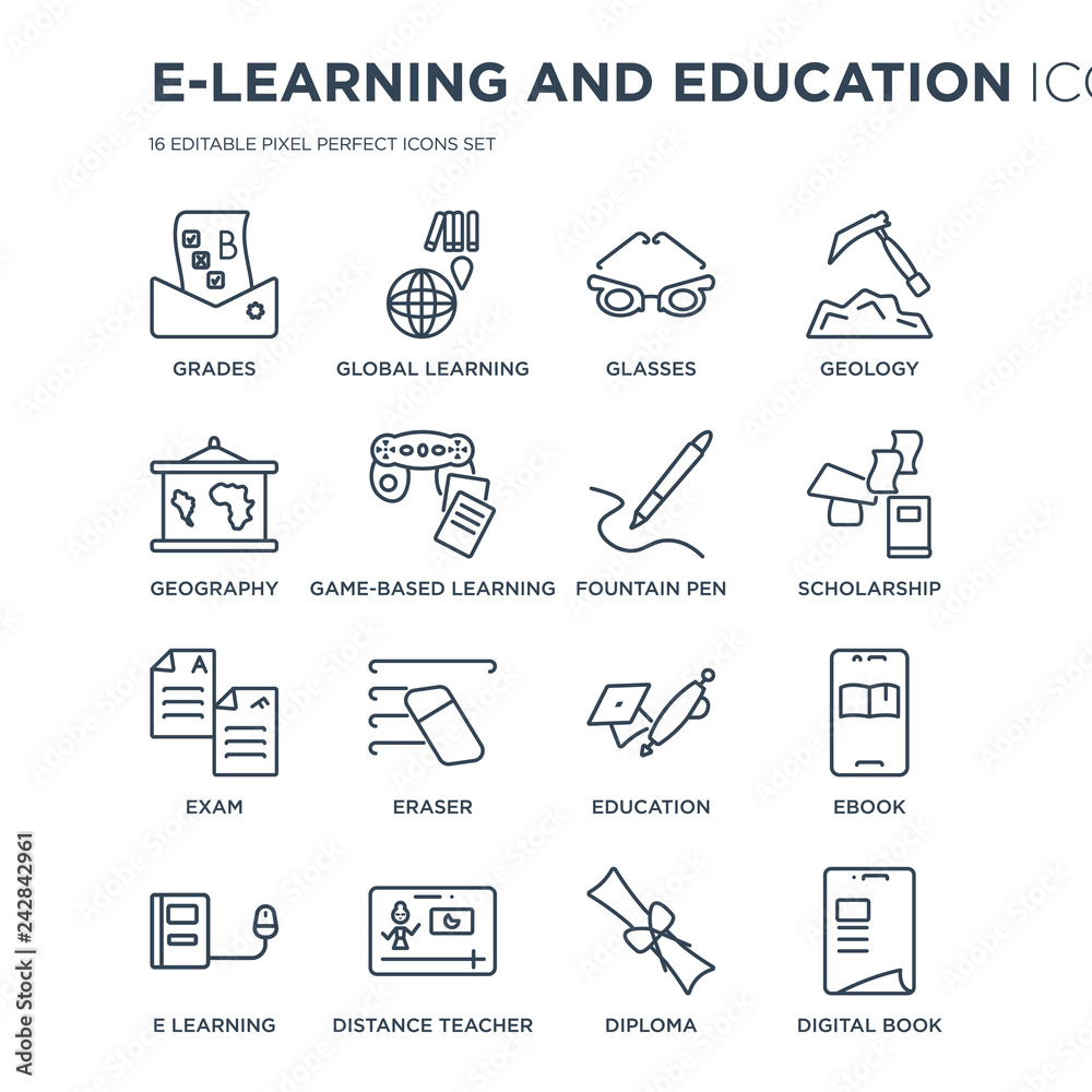16 linear E-learning and education icons such as Grades, Global learning, distance teacher, E Ebook modern with thin stroke, vector illustration, eps10, trendy line icon set. 16 linear E-learning and education icons such as Grades, Global learning, distance teacher, E Ebook modern with thin stroke, vector illustration, eps10, trendy line icon set.
