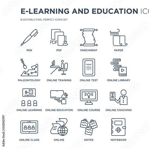16 linear E-learning and education icons such as Pen, Pdf, Online, Online class, online coaching, Notebook modern with thin stroke, vector illustration, eps10, trendy line icon set.