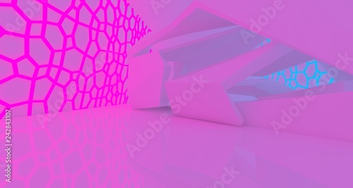 Abstract white Futuristic Sci-Fi interior With Pink And Blue Glowing Neon Tubes . 3D illustration and rendering.
