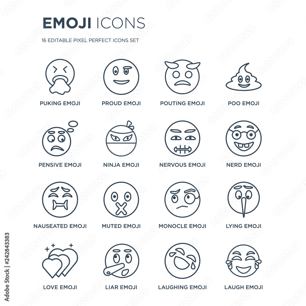 Obraz premium 16 linear Emoji icons such as Puking emoji, Proud Liar Love Lying Laugh emoji modern with thin stroke, vector illustration, eps10, trendy line icon set.