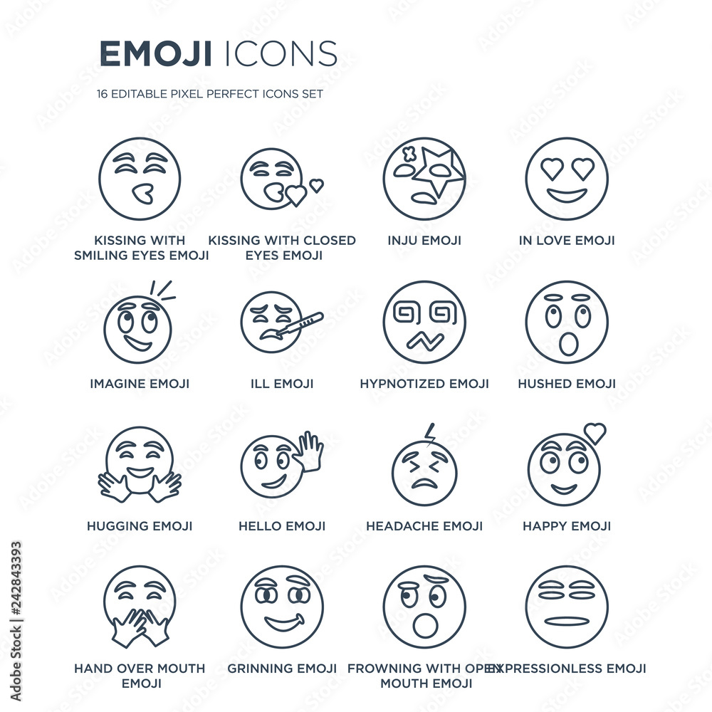 16 linear Emoji icons such as Kissing With Smiling Eyes emoji, Closed Grinning emoji modern with thin stroke, vector illustration, eps10, trendy line icon set.