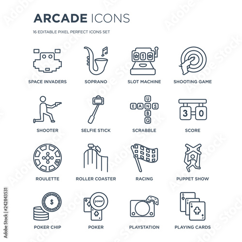 16 linear Arcade icons such as Space invaders, Soprano, Poker, Poker chip, Puppet show, Playing cards, Shooter modern with thin stroke, vector illustration, eps10, trendy line icon set.