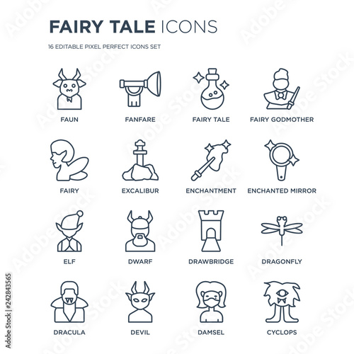 16 linear Fairy Tale icons such as Faun, Fanfare, Devil, Dracula, Dragonfly, Cyclops, Fairy, Elf, enchantment modern with thin stroke, vector illustration, eps10, trendy line icon set.