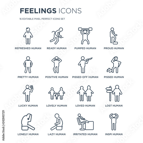16 linear Feelings icons such as refreshed human, ready lazy lonely lost inspi human modern with thin stroke, vector illustration, eps10, trendy line icon set.