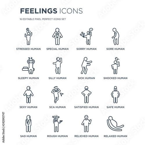 16 linear Feelings icons such as stressed human, special rough sad safe relaxed human modern with thin stroke, vector illustration, eps10, trendy line icon set.