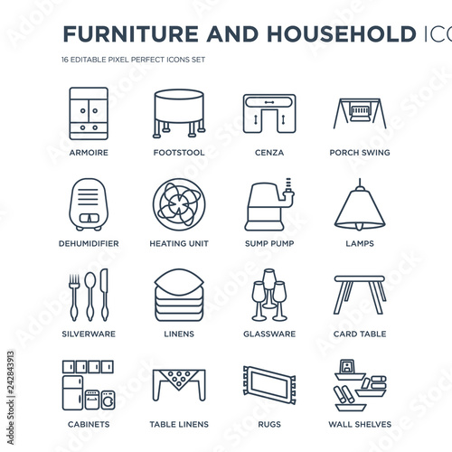 16 linear Furniture and household icons such as armoire, footstool, Table Linens, Cabinets, Card Table, Wall Shelves modern with thin stroke, vector illustration, eps10, trendy line icon set.