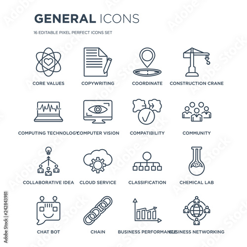 16 linear general icons such as core values, copywriting, chain, chat bot, chemical lab, business networking modern with thin stroke, vector illustration, eps10, trendy line icon set.