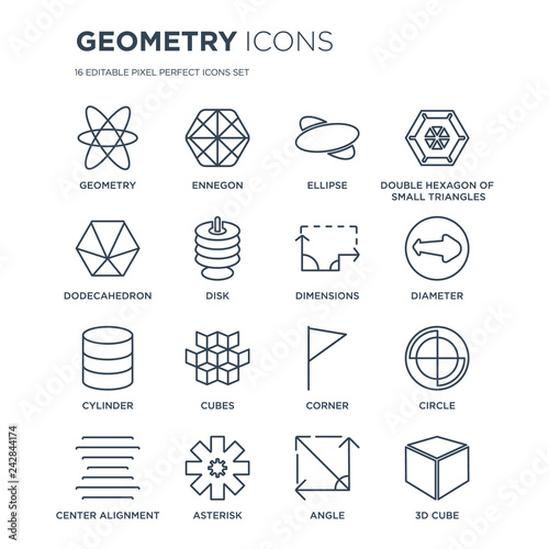 16 linear Geometry icons such as Geometry, Ennegon, Asterisk, Center alignment, Circle, 3d cube, Dodecahedron modern with thin stroke, vector illustration, eps10, trendy line icon set.
