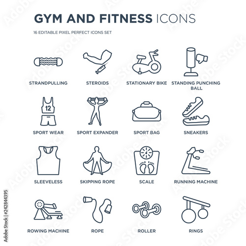 16 linear Gym and fitness icons such as Strandpulling, Steroids, Rope, Rowing Machine, Running Rings modern with thin stroke, vector illustration, eps10, trendy line icon set.