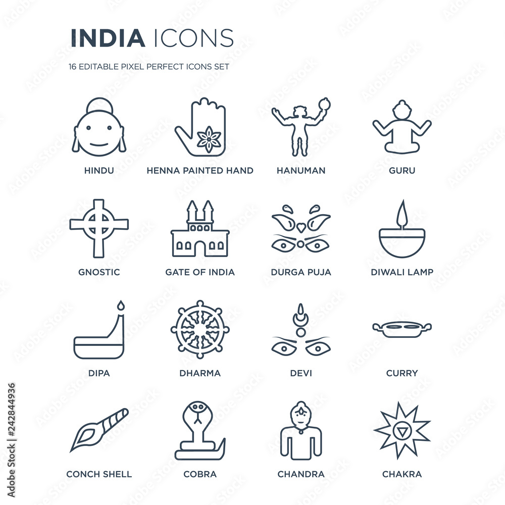 16 linear india icons such as Hindu, Henna painted hand, Cobra, Conch shell, Curry, Chakra, Gnostic, Dipa, durga puja modern with thin stroke, vector illustration, eps10, trendy line icon set.