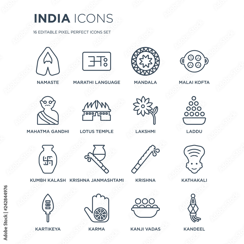 16 linear india icons such as Namaste, marathi language, Karma