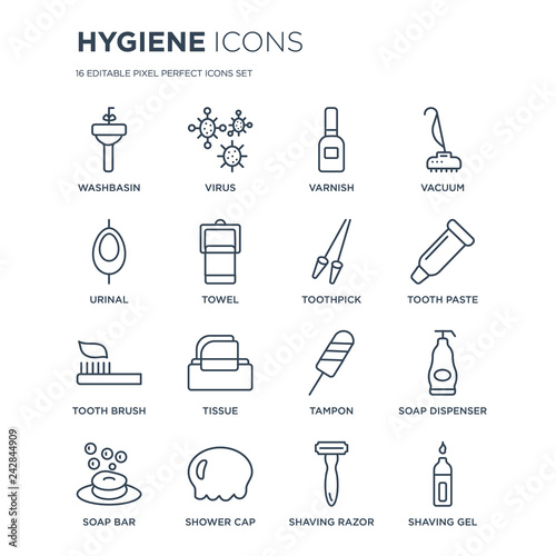16 linear Hygiene icons such as Washbasin, Virus, Shower cap, soap bar, dispenser, shaving gel, Urinal modern with thin stroke, vector illustration, eps10, trendy line icon set.