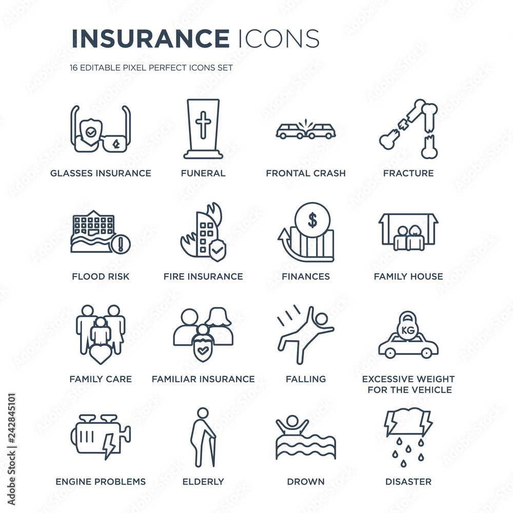 Naklejka premium 16 linear Insurance icons such as Glasses insurance, Funeral, Elderly, Engine problems modern with thin stroke, vector illustration, eps10, trendy line icon set.