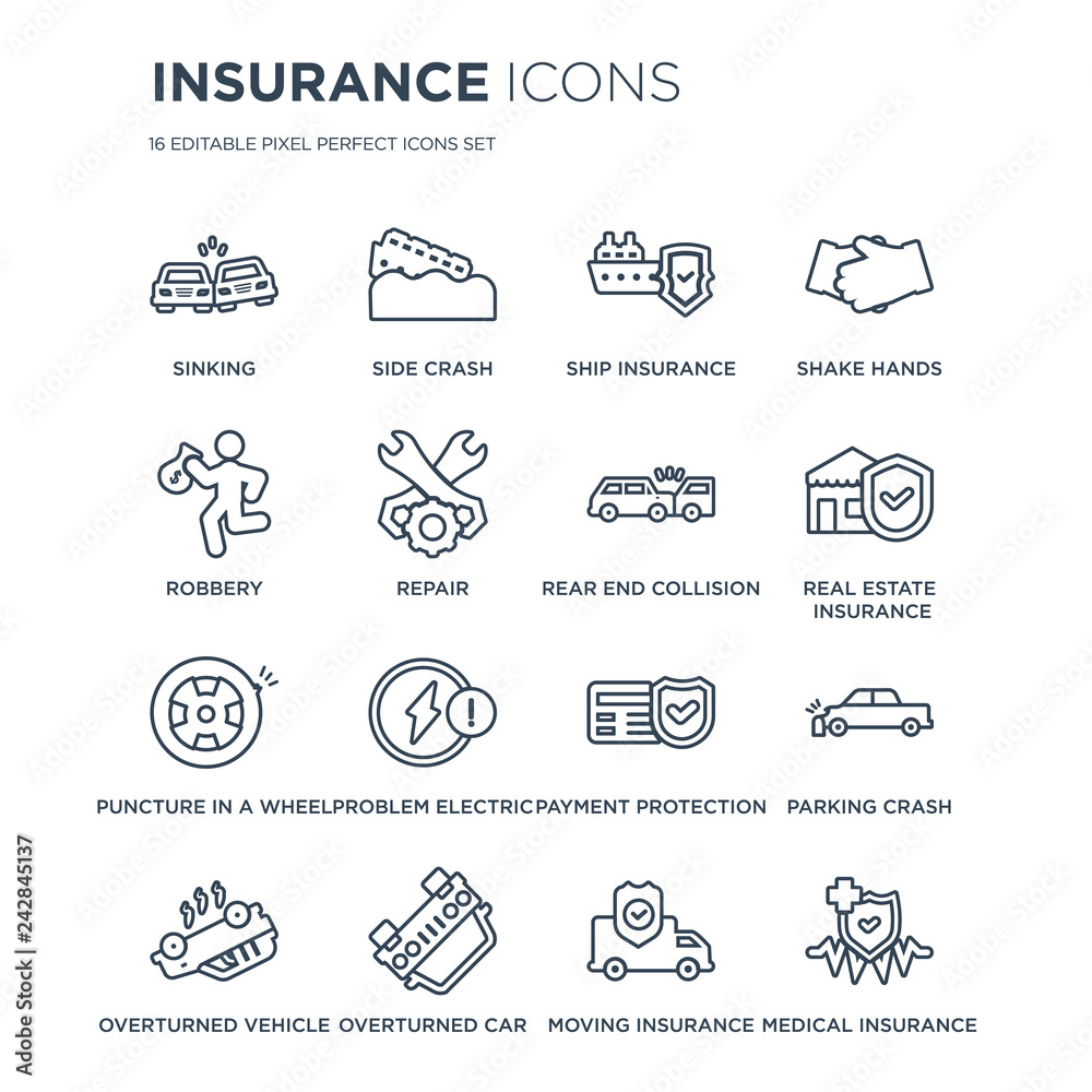 16 linear Insurance icons such as Sinking, Side crash, Overturned car, vehicle, Parking crash modern with thin stroke, vector illustration, eps10, trendy line icon set.