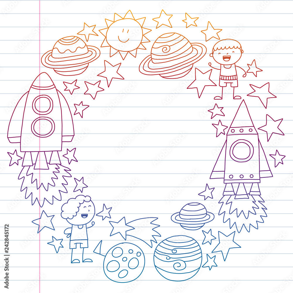 Fototapeta premium Vector set of space elements icons in doodle style. Painted, drawn with a pen, on a sheet of checkered paper on a white background.