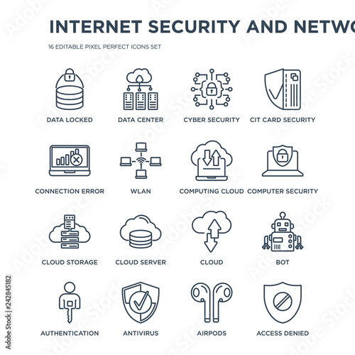 16 linear Internet Security and Networking icons such as data locked, Data center, Antivirus, Authentication, Bot modern with thin stroke, vector illustration, eps10, trendy line icon set.