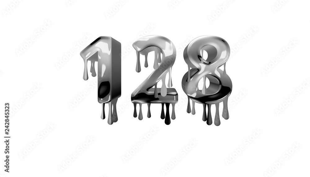 silver dripping number 128 with white background silver dripping number 128 with white background