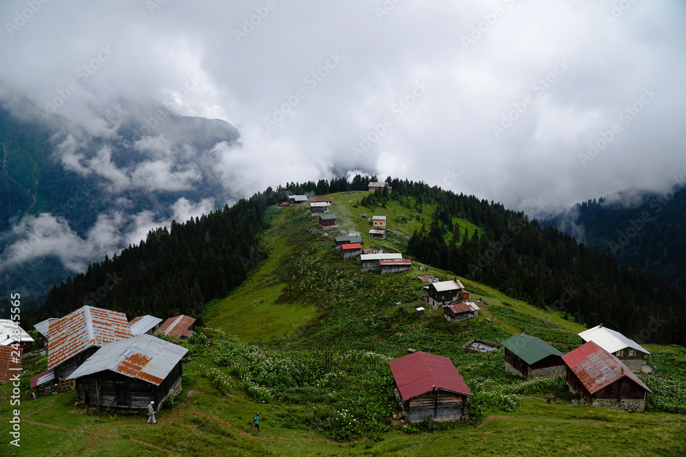Mountains and forests with houses at The Pokut Plateau at Rize Turkey