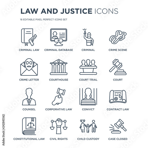 16 linear law and justice icons such as criminal law, Criminal database, civil rights, constitutional contract modern with thin stroke, vector illustration, eps10, trendy line icon set.