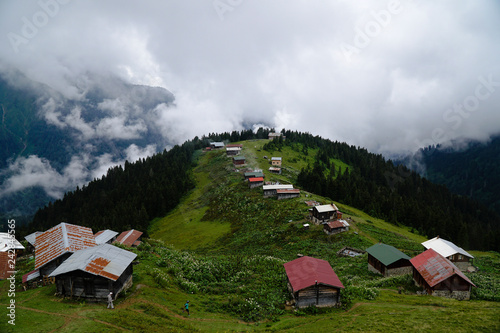 Mountains and forests with houses at The Pokut Plateau at Rize Turkey