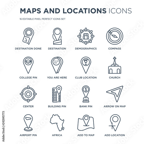 16 linear Maps and Locations icons such as Destination done, Destination, Africa, Airport Pin, Arrow On Map modern with thin stroke, vector illustration, eps10, trendy line icon set.