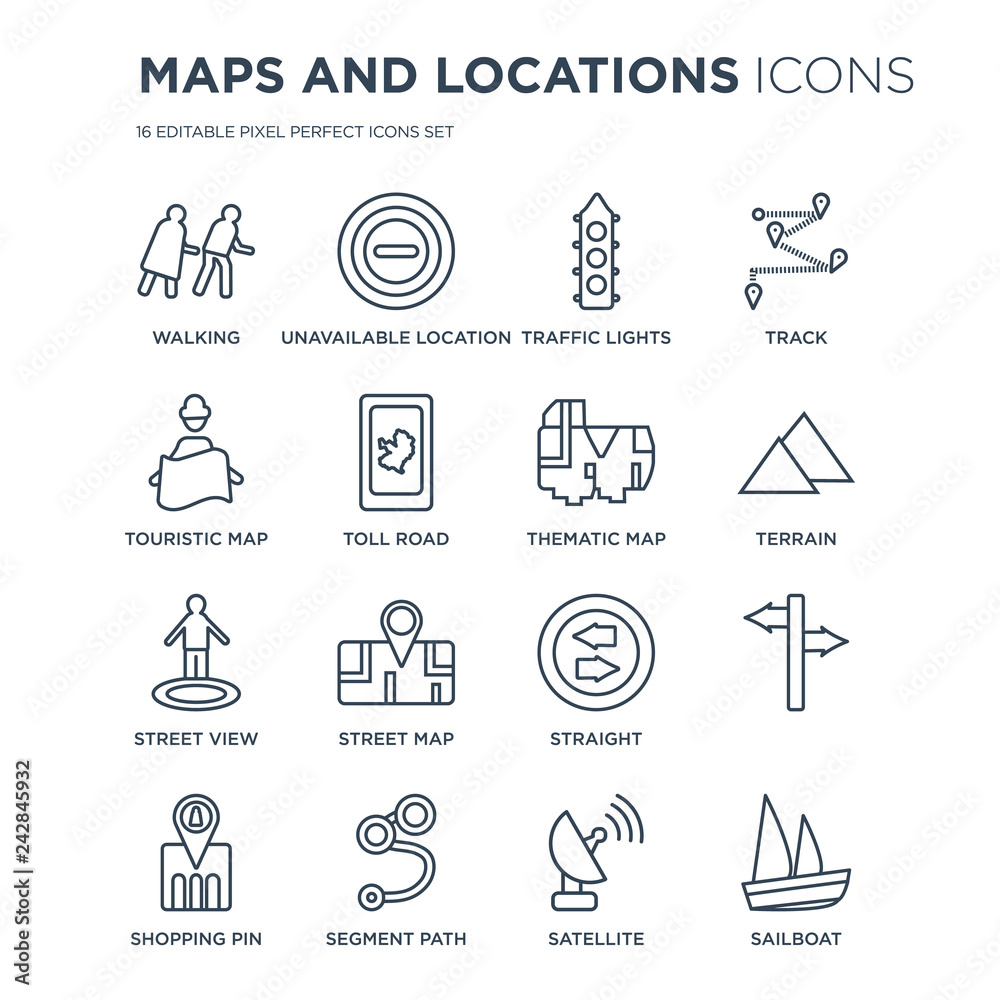 Obraz premium 16 linear Maps and Locations icons such as Walking, Unavailable Location, Segment Path, Shopping Pin, , Sailboat modern with thin stroke, vector illustration, eps10, trendy line icon set.