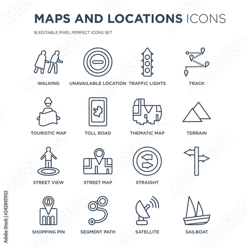 16 linear Maps and Locations icons such as Walking, Unavailable Location, Segment Path, Shopping Pin, , Sailboat modern with thin stroke, vector illustration, eps10, trendy line icon set.
