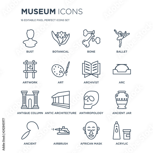 16 linear Museum icons such as Bust, Botanical, Airbrush, Ancient, Ancient jar, Acrylic, Artwork modern with thin stroke, vector illustration, eps10, trendy line icon set.