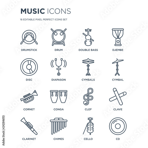 16 linear Music icons such as Drumstick, Drum, Chimes, Clarinet, Clave, Cd, Disc, cornet, Cymbals modern with thin stroke, vector illustration, eps10, trendy line icon set.