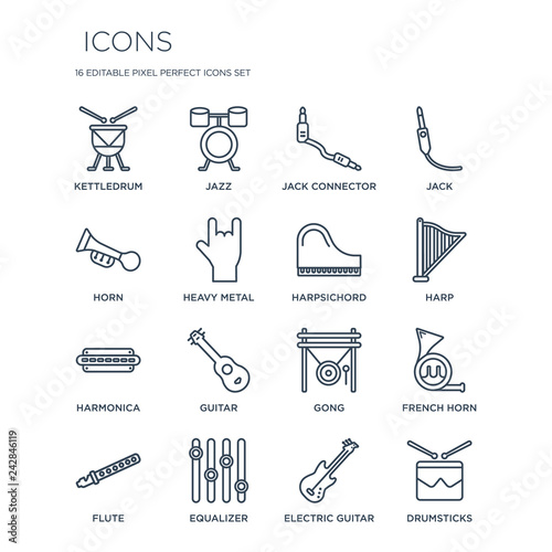 16 linear  icons such as Kettledrum, Jazz, Equalizer, Flute, French horn, Drumsticks, Horn, Harmonica, Harpsichord modern with thin stroke, vector illustration, eps10, trendy line icon set. photo