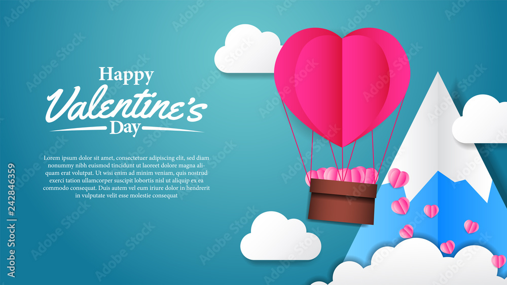 Fototapeta Ilustracja miłości do szablonu transparent wydarzenie Walentynki. latający balon paleniska na niebie z góry. rzemiosło wycinane z papieru.