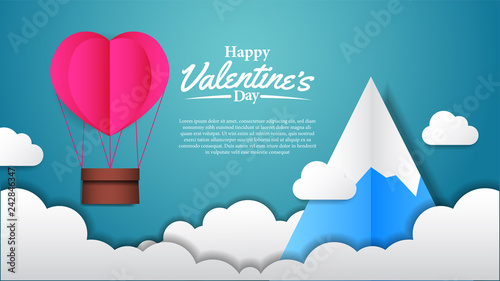 Illustration of love for valentine's day event banner template. flying hearth balloon on the sky with mountain. paper cut craft.