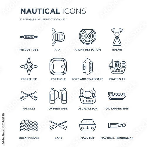 16 linear Nautical icons such as Rescue Tube, Raft, Oars, Ocean Waves, Oil Tanker ship, Monocular, Propeller modern with thin stroke, vector illustration, eps10, trendy line icon set.