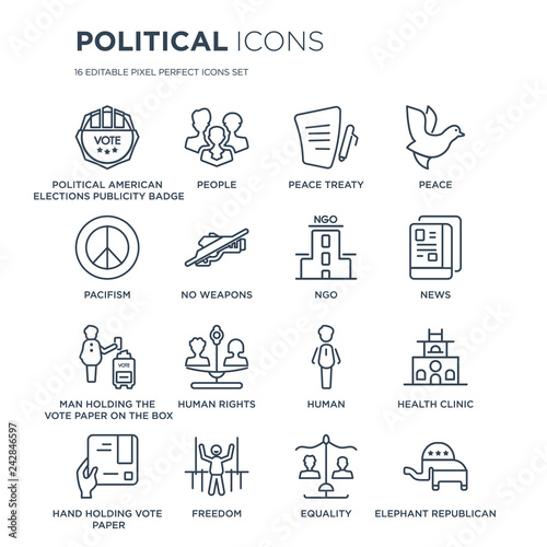 16 linear Political icons such as american elections publicity badge, People, Freedom modern with thin stroke, vector illustration, eps10, trendy line icon set.