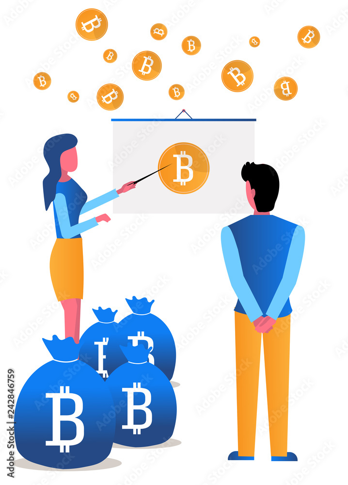 The girl analyzes the growth of crypto currency bitcoin. A lot of coins. Vector flat illustration in modern style, cartoon on white background. The girl analyzes the growth of crypto currency bitcoin. A lot of coins. Vector flat illustration in modern style, cartoon on white background.