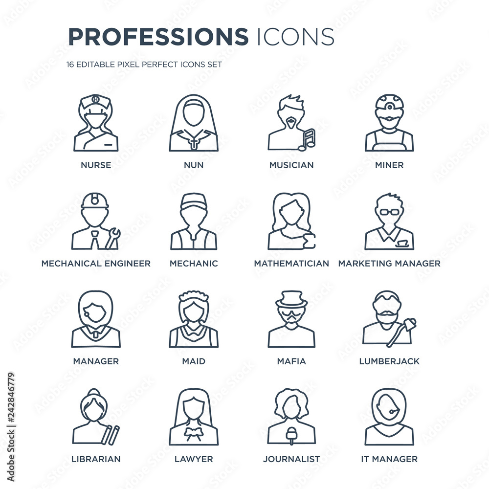 16 linear Professions icons such as Nurse, Nun, Lawyer, Librarian, Lumberjack, IT Manager, Mechanical Engineer modern with thin stroke, vector illustration, eps10, trendy line icon set. 16 linear Professions icons such as Nurse, Nun, Lawyer, Librarian, Lumberjack, IT Manager, Mechanical Engineer modern with thin stroke, vector illustration, eps10, trendy line icon set.