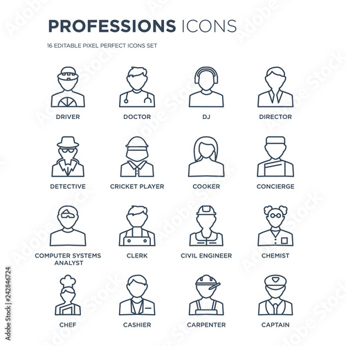 16 linear Professions icons such as Driver  Doctor  Cashier  Chef  Chemist  captain  Detective modern with thin stroke  vector illustration  eps10  trendy line icon set.