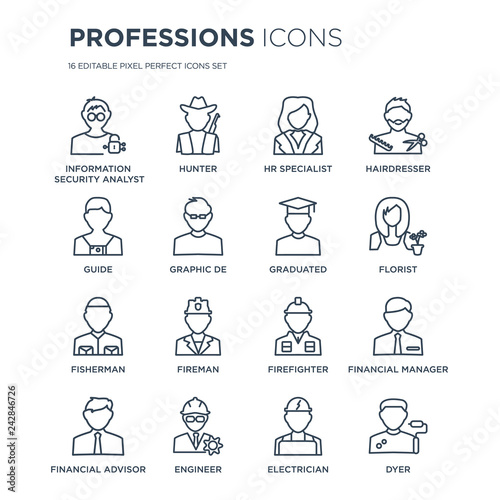 16 linear Professions icons such as Information Security Analyst, Hunter, Engineer, Financial Advisor modern with thin stroke, vector illustration, eps10, trendy line icon set.